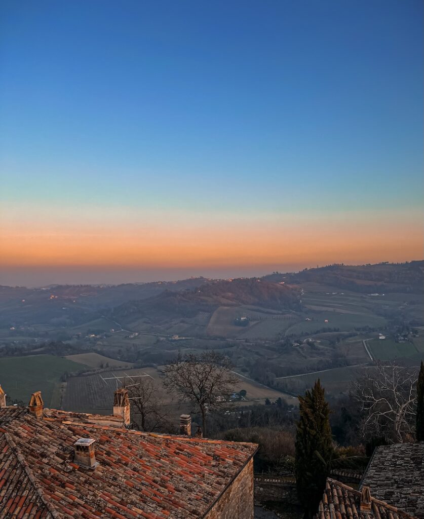 Sunset over Roncofreddo’s rolling hills and countryside.