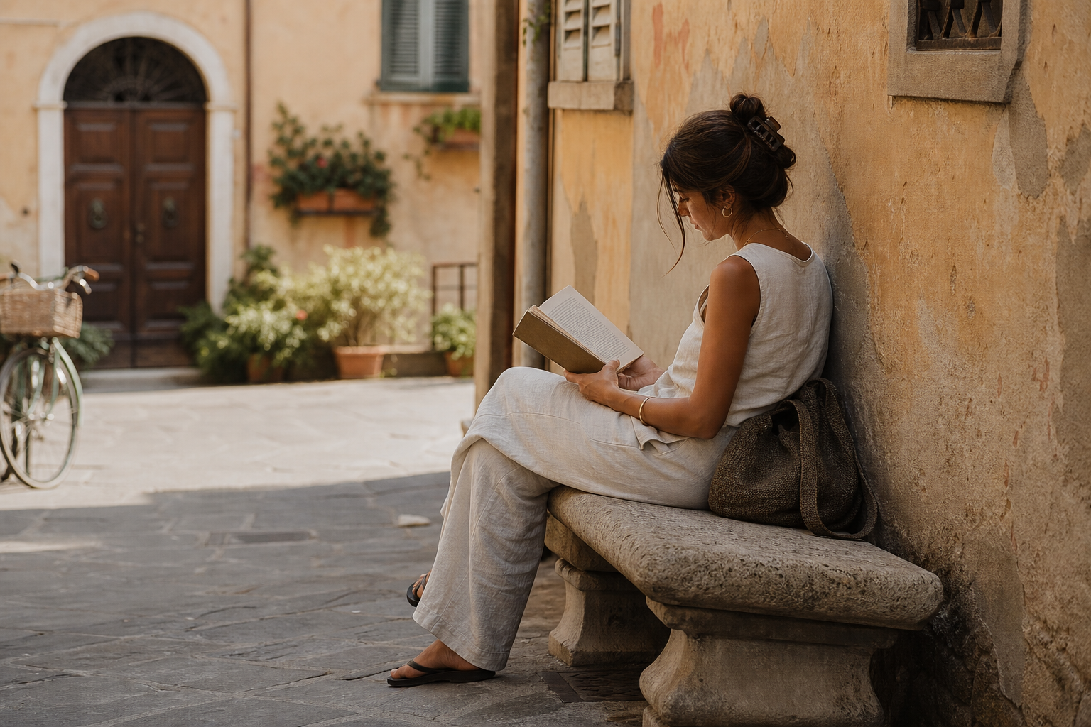 Woman reading on a stone bench in an Italian city in summer