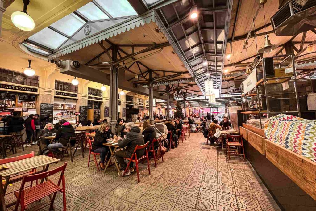Covered market dining area in Modena, Italy
